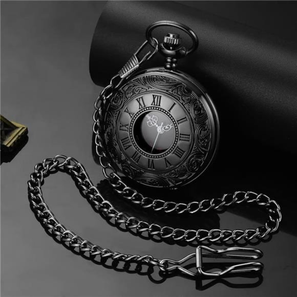 Pocket Watch Roman Numerals Scale Quartz with Chain Fathers Day Birthday Gift - Picture 3 of 6